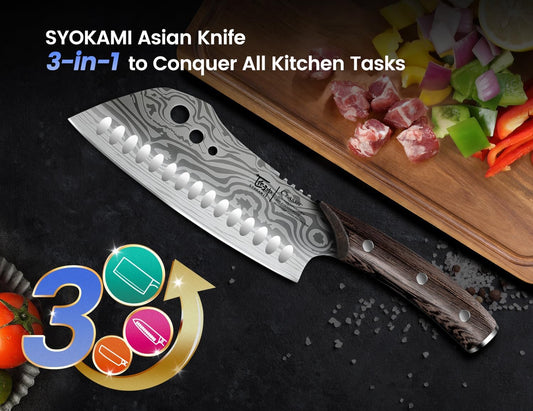 Cleaver Chef Knife with Herb Stripper, 7" Asian Kitchen Knife | 3-in-1 Combined with Chef's Knife, Santoku, Nakiri for Slicing, Chopping, Dicing, Mincing, Housewarming Birthday Cooking Gift