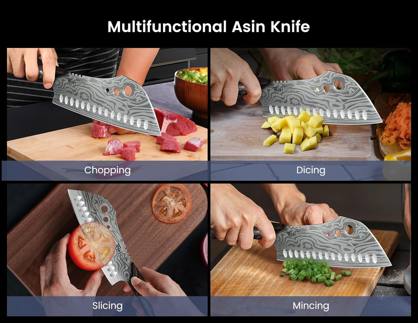 Cleaver Chef Knife with Herb Stripper, 7" Asian Kitchen Knife | 3-in-1 Combined with Chef's Knife, Santoku, Nakiri for Slicing, Chopping, Dicing, Mincing, Housewarming Birthday Cooking Gift