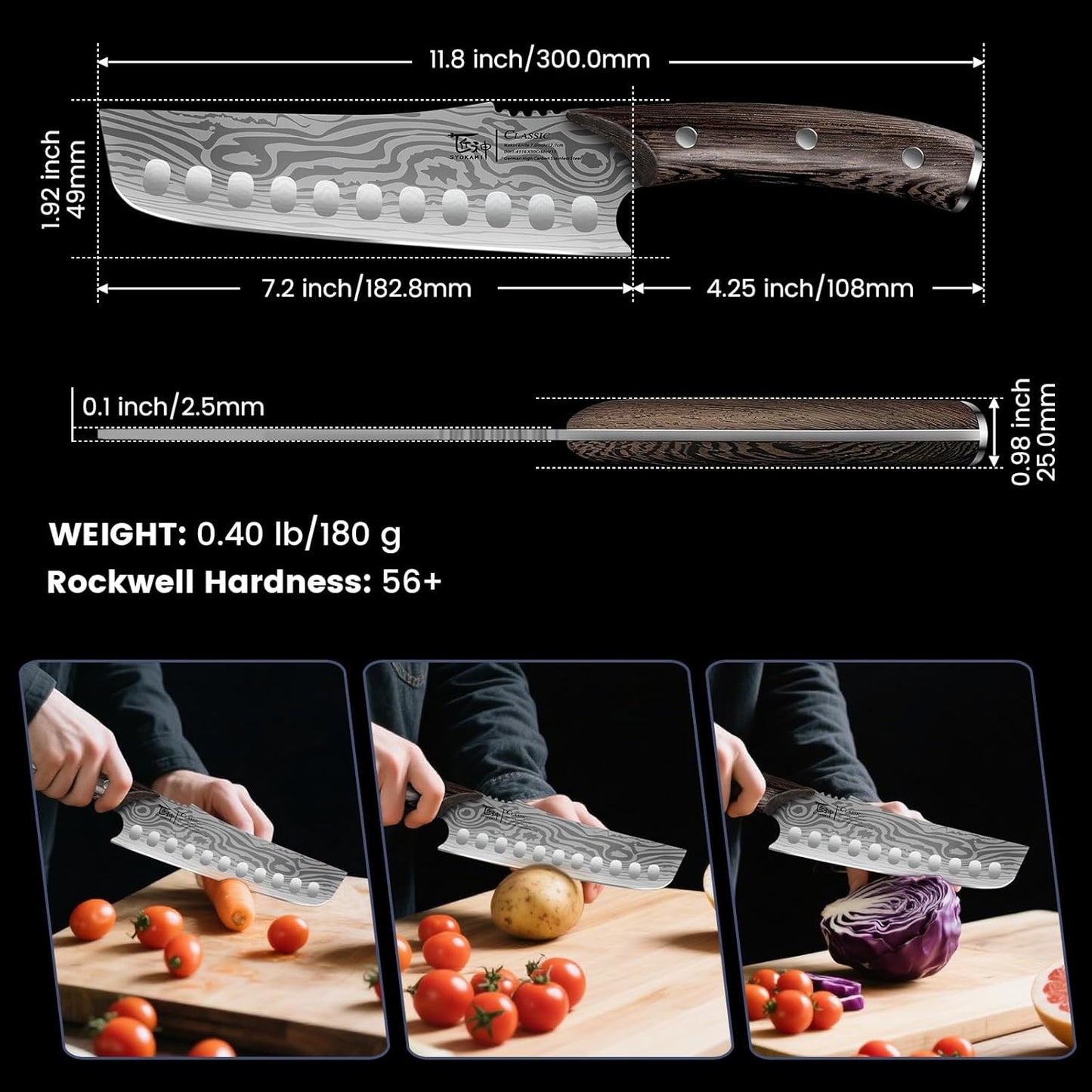 Cleaver Chef Knife with Herb Stripper, 7" Asian Kitchen Knife | 3-in-1 Combined with Chef's Knife, Santoku, Nakiri for Slicing, Chopping, Dicing, Mincing, Housewarming Birthday Cooking Gift