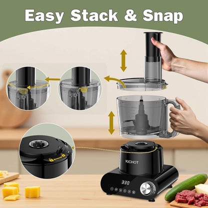 12 Cup Food Processor & Vegetable Chopper,French-Fry-Cutter, Stepless Speed,Digital Timer,Large Feed Chute,Ice Creshing,Chopping, Shredding, Slicing and Doughing,600W for Home Use,Black