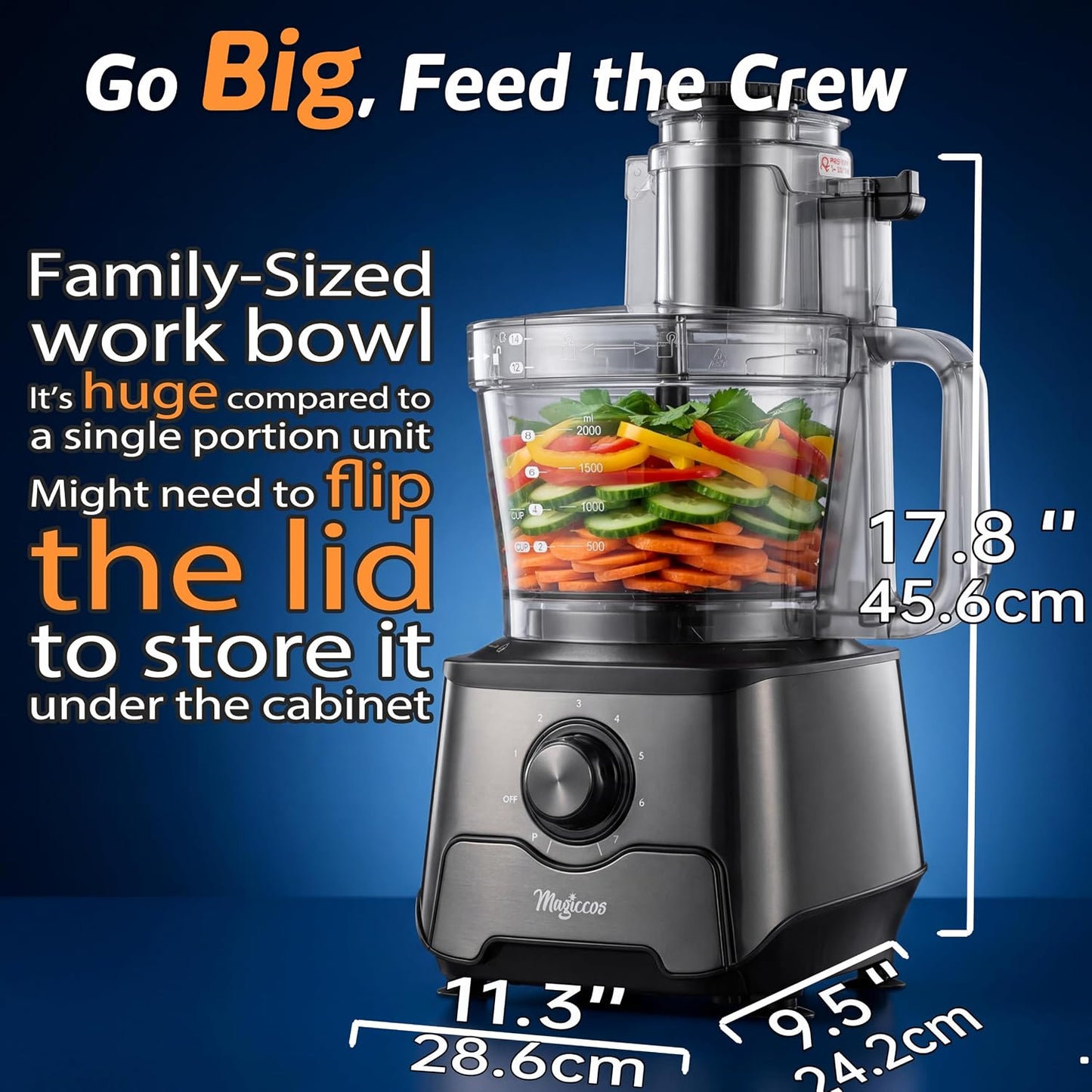 14-Cup Food Processor, 1000W Motor, Storage Drawer, Inox Color | 7 Speeds, XL Bowl & Large Feed Chute, French Fry Cutter, Chop, Slice, Shred & Mix Veggies, Cheese & Meat for Family Meals