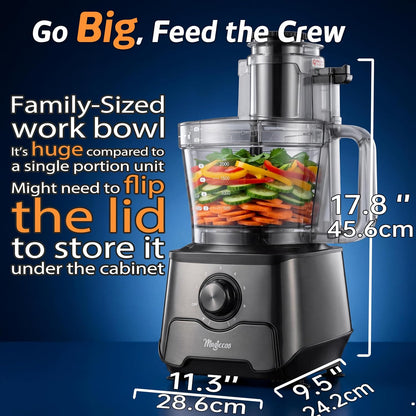 14-Cup Food Processor, 1000W Motor, Storage Drawer, Inox Color | 7 Speeds, XL Bowl & Large Feed Chute, French Fry Cutter, Chop, Slice, Shred & Mix Veggies, Cheese & Meat for Family Meals