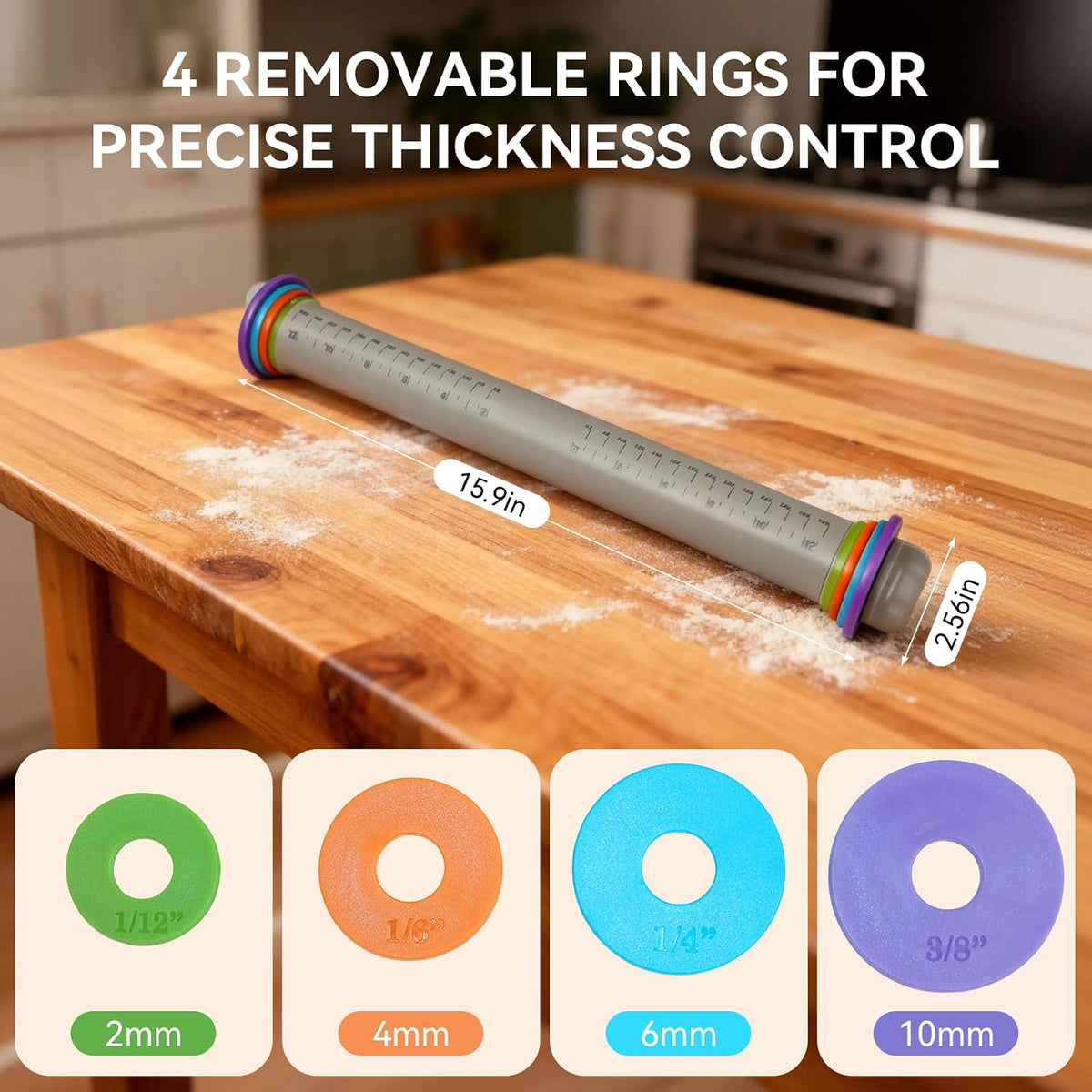 Adjustable Rolling Pin with Thickness Rings, Silicone Dough Roller
