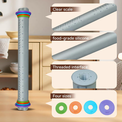 Adjustable Rolling Pin with Thickness Rings, Silicone Dough Roller