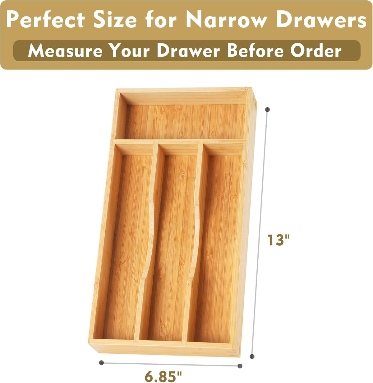 Bamboo Kitchen Drawer Organizer, 9 Inch Silverware Utensil Holder for Samll Drawer, Narrow Silverware Organizer for Cutlery Knives