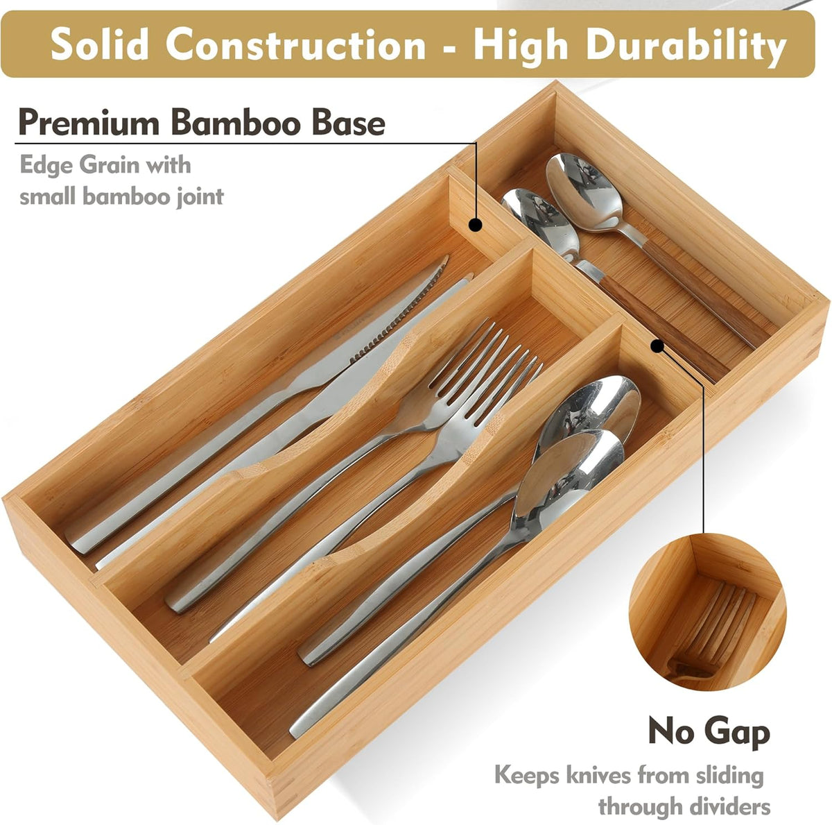 Bamboo Kitchen Drawer Organizer, 9 Inch Silverware Utensil Holder for Samll Drawer, Narrow Silverware Organizer for Cutlery Knives
