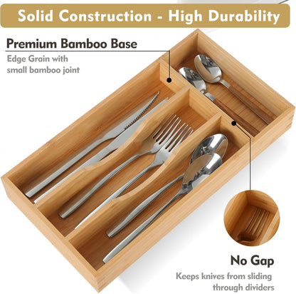 Bamboo Kitchen Drawer Organizer, 9 Inch Silverware Utensil Holder for Samll Drawer, Narrow Silverware Organizer for Cutlery Knives