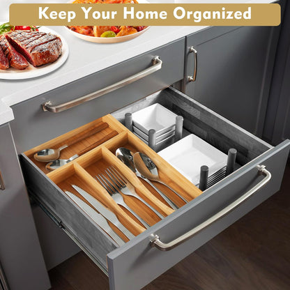 Bamboo Kitchen Drawer Organizer, 9 Inch Silverware Utensil Holder for Samll Drawer, Narrow Silverware Organizer for Cutlery Knives