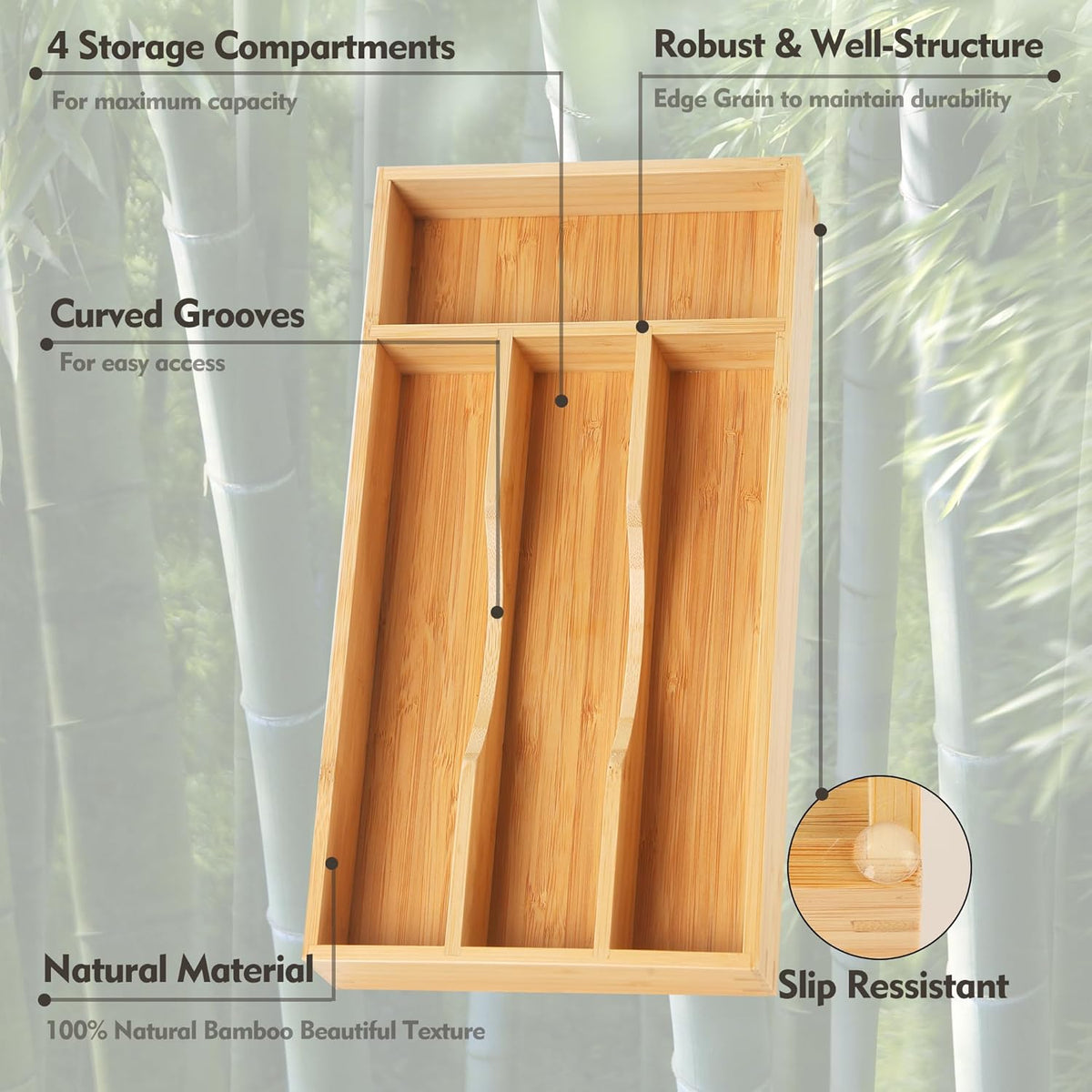 Bamboo Kitchen Drawer Organizer, 9 Inch Silverware Utensil Holder for Samll Drawer, Narrow Silverware Organizer for Cutlery Knives
