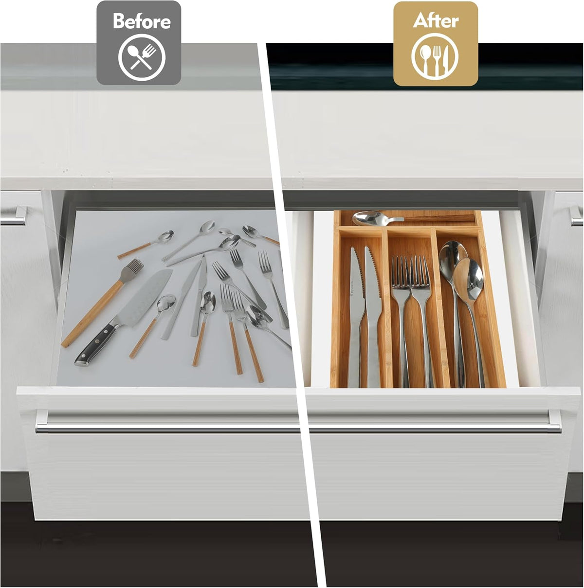 Bamboo Kitchen Drawer Organizer, 9 Inch Silverware Utensil Holder for Samll Drawer, Narrow Silverware Organizer for Cutlery Knives