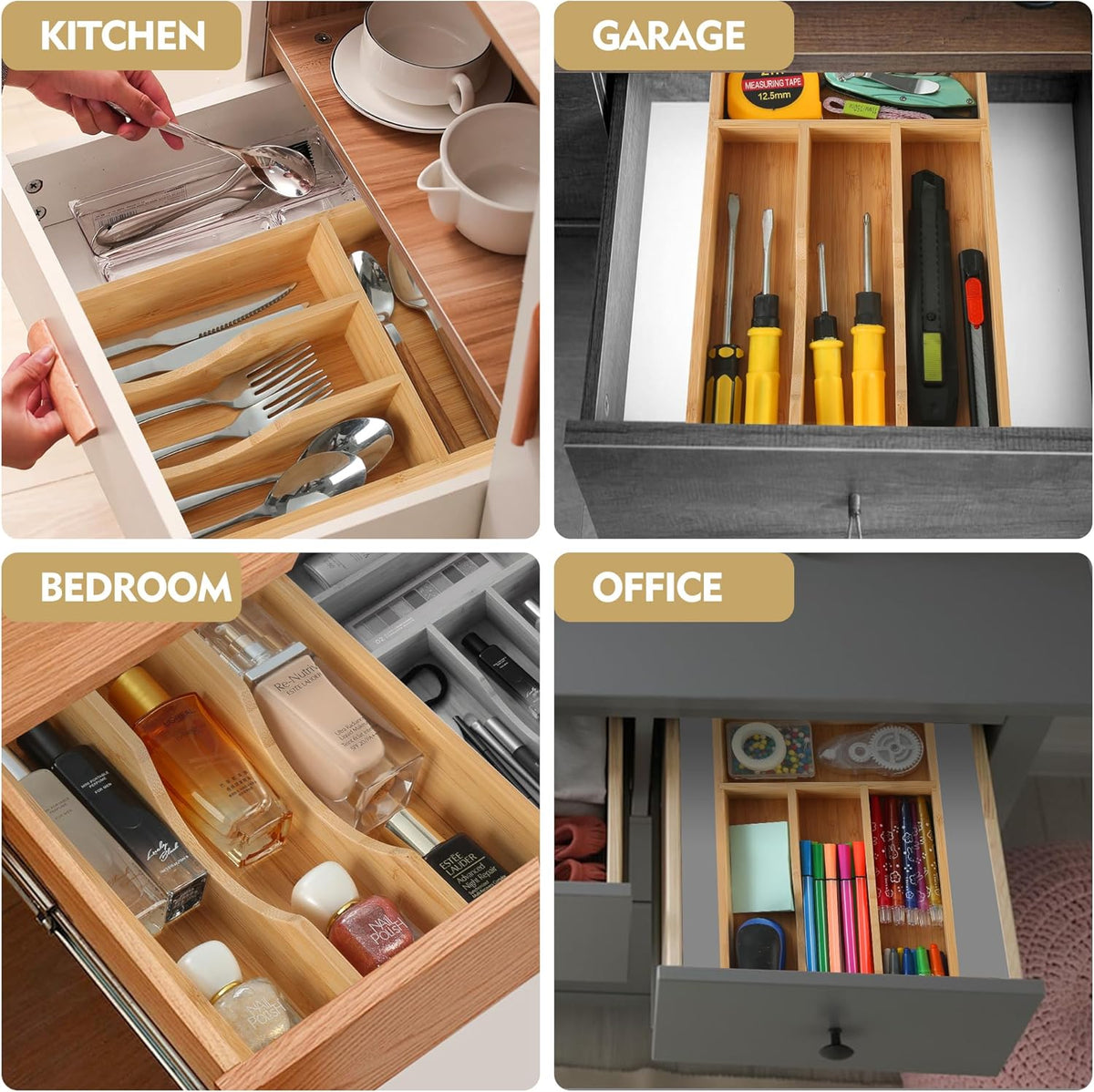 Bamboo Kitchen Drawer Organizer, 9 Inch Silverware Utensil Holder for Samll Drawer, Narrow Silverware Organizer for Cutlery Knives