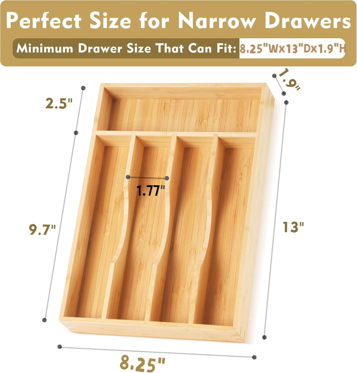 Bamboo Kitchen Drawer Organizer, 9 Inch Silverware Utensil Holder for Samll Drawer, Narrow Silverware Organizer for Cutlery Knives