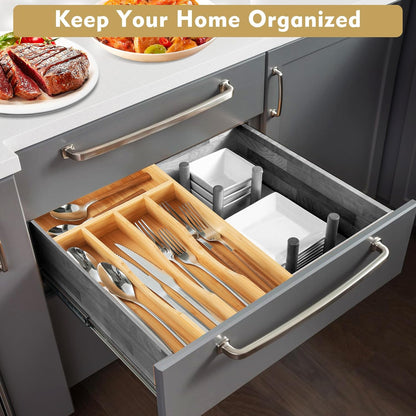 Bamboo Kitchen Drawer Organizer, 9 Inch Silverware Utensil Holder for Samll Drawer, Narrow Silverware Organizer for Cutlery Knives