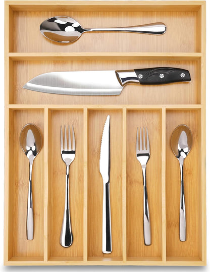 Bamboo Kitchen Drawer Organizer, 9 Inch Silverware Utensil Holder for Samll Drawer, Narrow Silverware Organizer for Cutlery Knives
