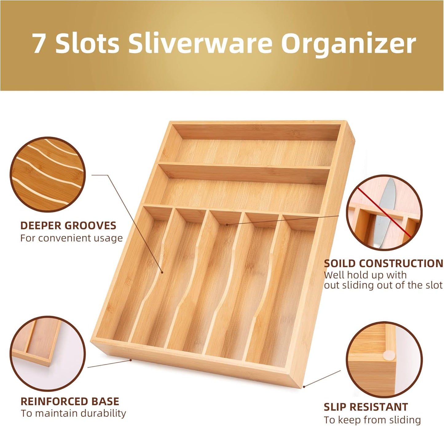 Bamboo Kitchen Drawer Organizer, 9 Inch Silverware Utensil Holder for Samll Drawer, Narrow Silverware Organizer for Cutlery Knives