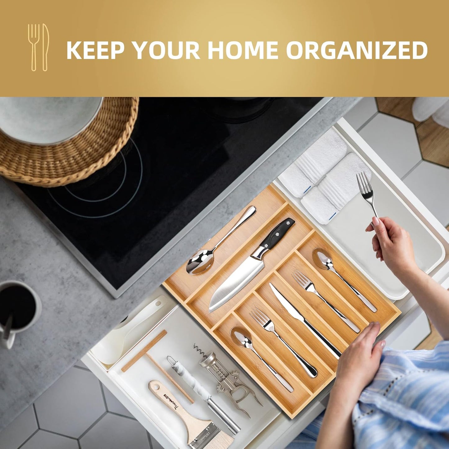 Bamboo Kitchen Drawer Organizer, 9 Inch Silverware Utensil Holder for Samll Drawer, Narrow Silverware Organizer for Cutlery Knives