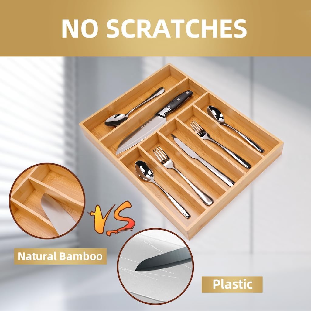 Bamboo Kitchen Drawer Organizer, 9 Inch Silverware Utensil Holder for Samll Drawer, Narrow Silverware Organizer for Cutlery Knives
