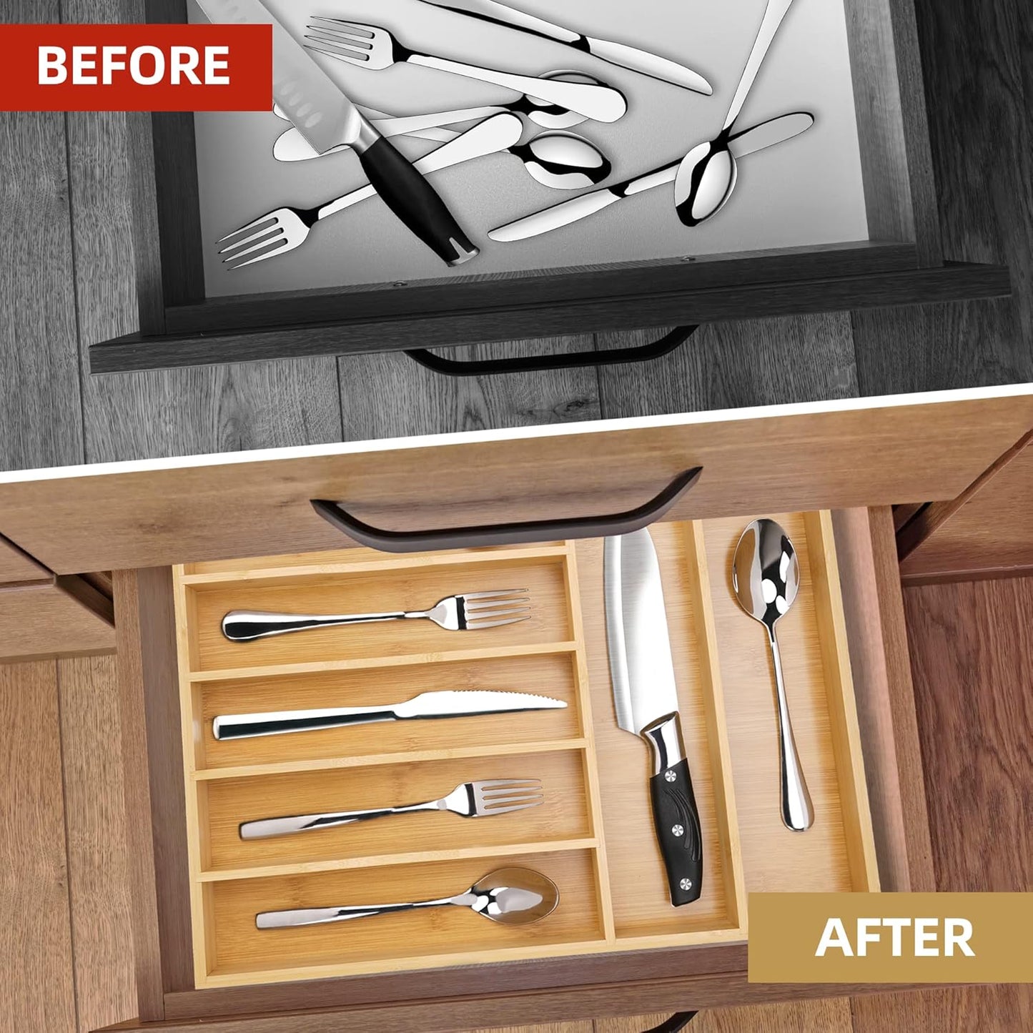 Bamboo Kitchen Drawer Organizer, 9 Inch Silverware Utensil Holder for Samll Drawer, Narrow Silverware Organizer for Cutlery Knives