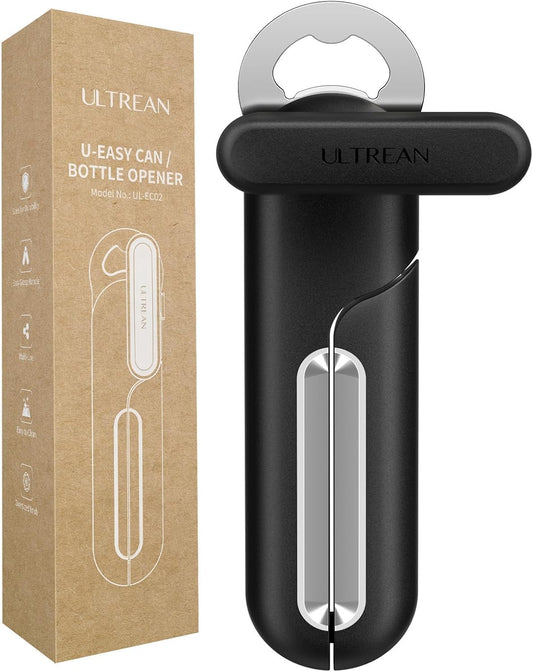 Can Opener Manual, Heavy Duty Stainless Steel Smooth Edge Can Opener with Ergonomic Handles and Oversized Easy Turn Knob for Seniors, Black