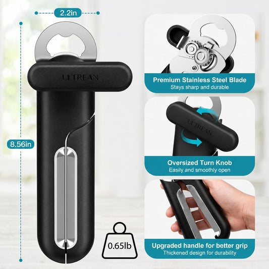 Can Opener Manual, Heavy Duty Stainless Steel Smooth Edge Can Opener with Ergonomic Handles and Oversized Easy Turn Knob for Seniors, Black