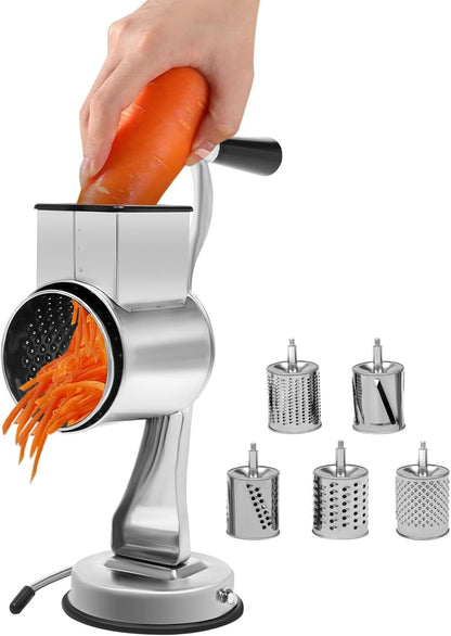 5-in-1 Stainless Steel Rotary Cheese Grater & Vegetable Slicer with 5 Interchangeable Blades, Countertop Cheese Grater Manual Kitchen Shredder Round Food Chopper for Fruit, Vegetables, Nuts and More