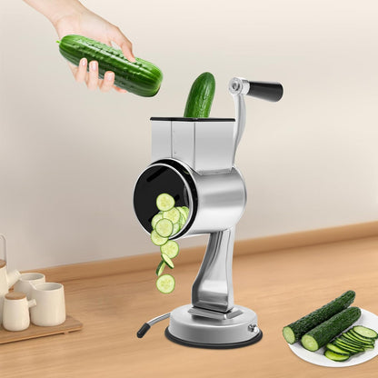 5-in-1 Stainless Steel Rotary Cheese Grater & Vegetable Slicer with 5 Interchangeable Blades, Countertop Cheese Grater Manual Kitchen Shredder Round Food Chopper for Fruit, Vegetables, Nuts and More