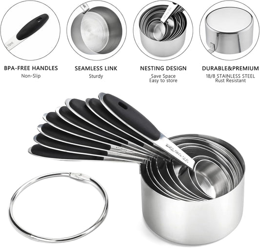 Measuring Cups and Spoons Set Stainless Steel Measuring Cups Double Sided Stackable Magnetic Measuring (Black)
