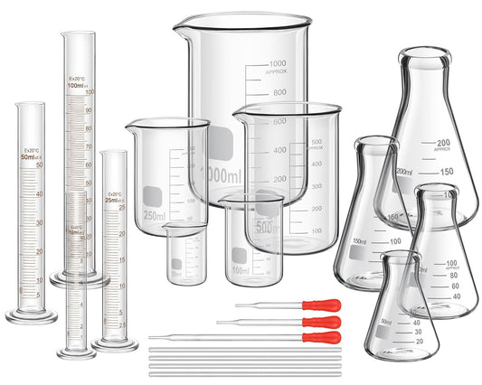 20 Pcs 50/100/250/500/1000ml Lab Glassware Beaker Set Include Graduated Cylinder, Glass Beaker Set, Glass Dropper, Stirring Rod, Measuring Cups for Laboratory Science Chemistry Supplies