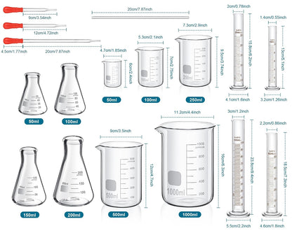 20 Pcs 50/100/250/500/1000ml Lab Glassware Beaker Set Include Graduated Cylinder, Glass Beaker Set, Glass Dropper, Stirring Rod, Measuring Cups for Laboratory Science Chemistry Supplies