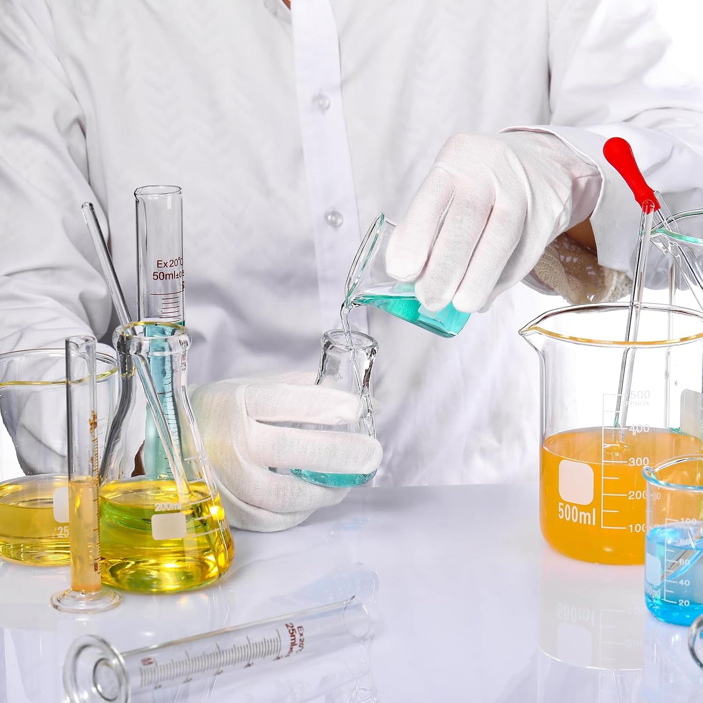 20 Pcs 50/100/250/500/1000ml Lab Glassware Beaker Set Include Graduated Cylinder, Glass Beaker Set, Glass Dropper, Stirring Rod, Measuring Cups for Laboratory Science Chemistry Supplies