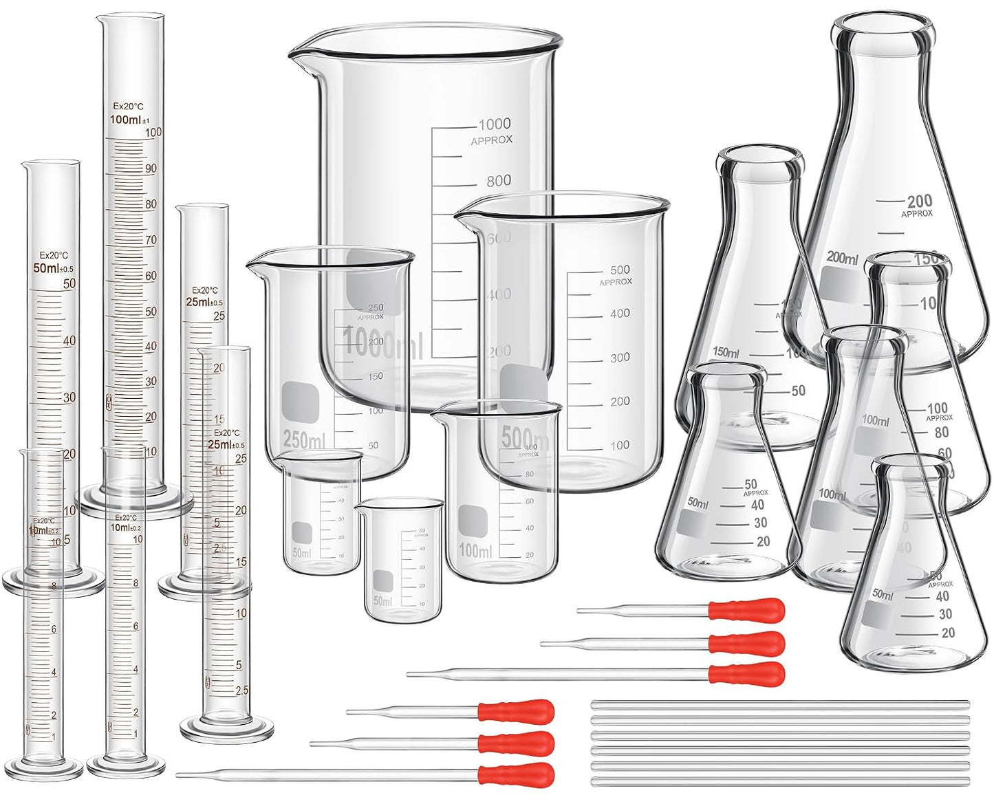 20 Pcs 50/100/250/500/1000ml Lab Glassware Beaker Set Include Graduated Cylinder, Glass Beaker Set, Glass Dropper, Stirring Rod, Measuring Cups for Laboratory Science Chemistry Supplies