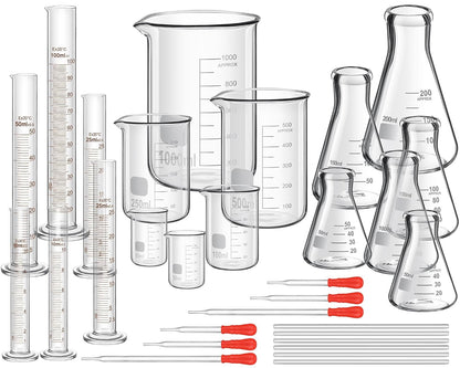20 Pcs 50/100/250/500/1000ml Lab Glassware Beaker Set Include Graduated Cylinder, Glass Beaker Set, Glass Dropper, Stirring Rod, Measuring Cups for Laboratory Science Chemistry Supplies