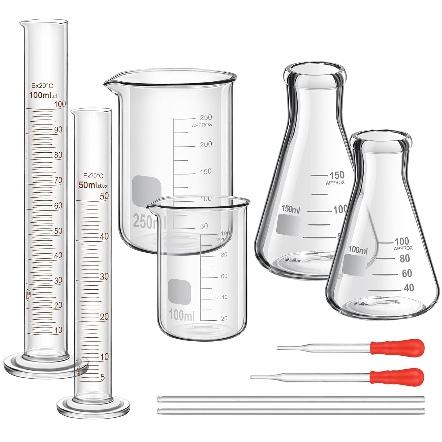 20 Pcs 50/100/250/500/1000ml Lab Glassware Beaker Set Include Graduated Cylinder, Glass Beaker Set, Glass Dropper, Stirring Rod, Measuring Cups for Laboratory Science Chemistry Supplies