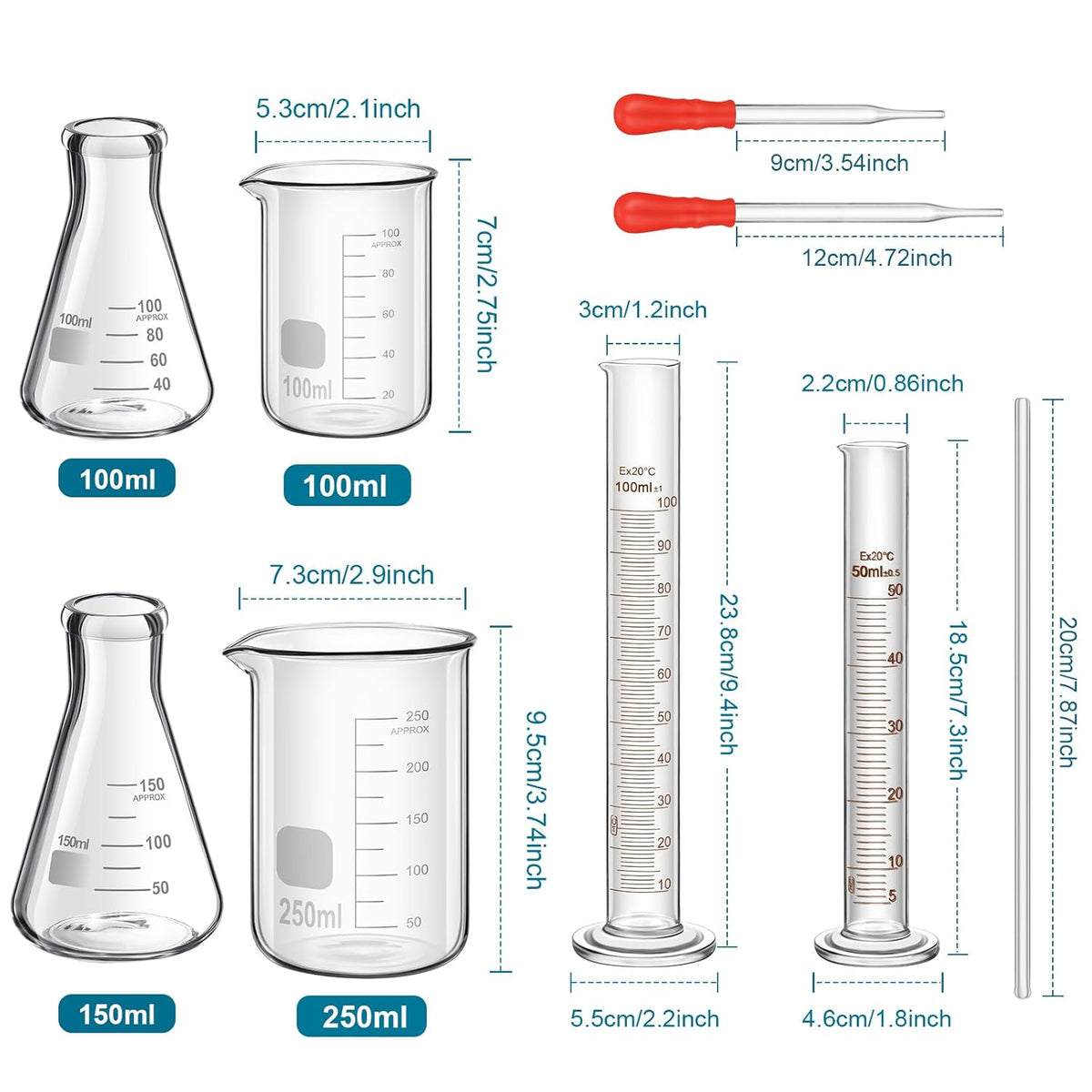 20 Pcs 50/100/250/500/1000ml Lab Glassware Beaker Set Include Graduated Cylinder, Glass Beaker Set, Glass Dropper, Stirring Rod, Measuring Cups for Laboratory Science Chemistry Supplies
