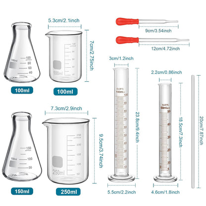 20 Pcs 50/100/250/500/1000ml Lab Glassware Beaker Set Include Graduated Cylinder, Glass Beaker Set, Glass Dropper, Stirring Rod, Measuring Cups for Laboratory Science Chemistry Supplies