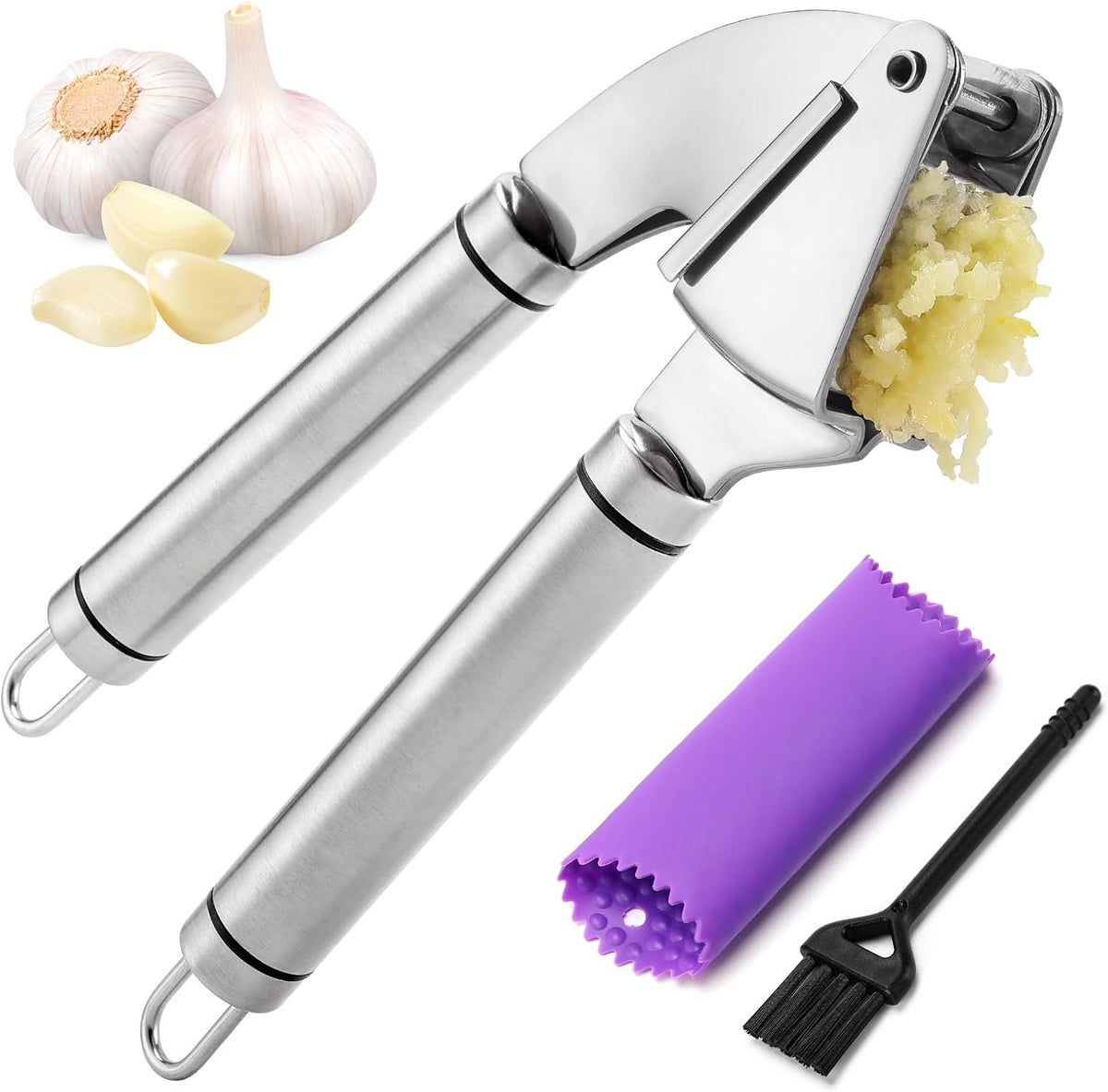 Stainless Steel Garlic Press Mincer,Heavy-Duty,Purple Peeler Tube | Metal Ginger Press,Strong Squeeze,Mince Garlic & Ginger,Dishwasher Safe,Kitchen Essential,Meal Prep Tool,Easy Clean,Silver