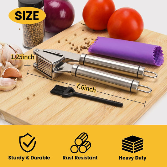 Stainless Steel Garlic Press Mincer,Heavy-Duty,Purple Peeler Tube | Metal Ginger Press,Strong Squeeze,Mince Garlic & Ginger,Dishwasher Safe,Kitchen Essential,Meal Prep Tool,Easy Clean,Silver