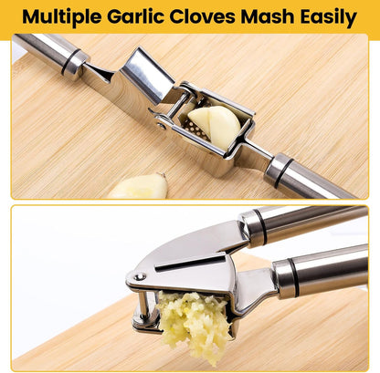 Stainless Steel Garlic Press Mincer,Heavy-Duty,Purple Peeler Tube | Metal Ginger Press,Strong Squeeze,Mince Garlic & Ginger,Dishwasher Safe,Kitchen Essential,Meal Prep Tool,Easy Clean,Silver
