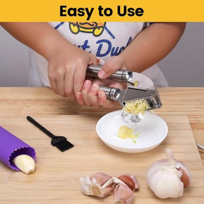 Stainless Steel Garlic Press Mincer,Heavy-Duty,Purple Peeler Tube | Metal Ginger Press,Strong Squeeze,Mince Garlic & Ginger,Dishwasher Safe,Kitchen Essential,Meal Prep Tool,Easy Clean,Silver