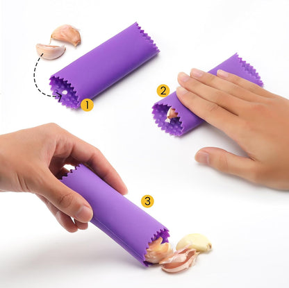 Stainless Steel Garlic Press Mincer,Heavy-Duty,Purple Peeler Tube | Metal Ginger Press,Strong Squeeze,Mince Garlic & Ginger,Dishwasher Safe,Kitchen Essential,Meal Prep Tool,Easy Clean,Silver
