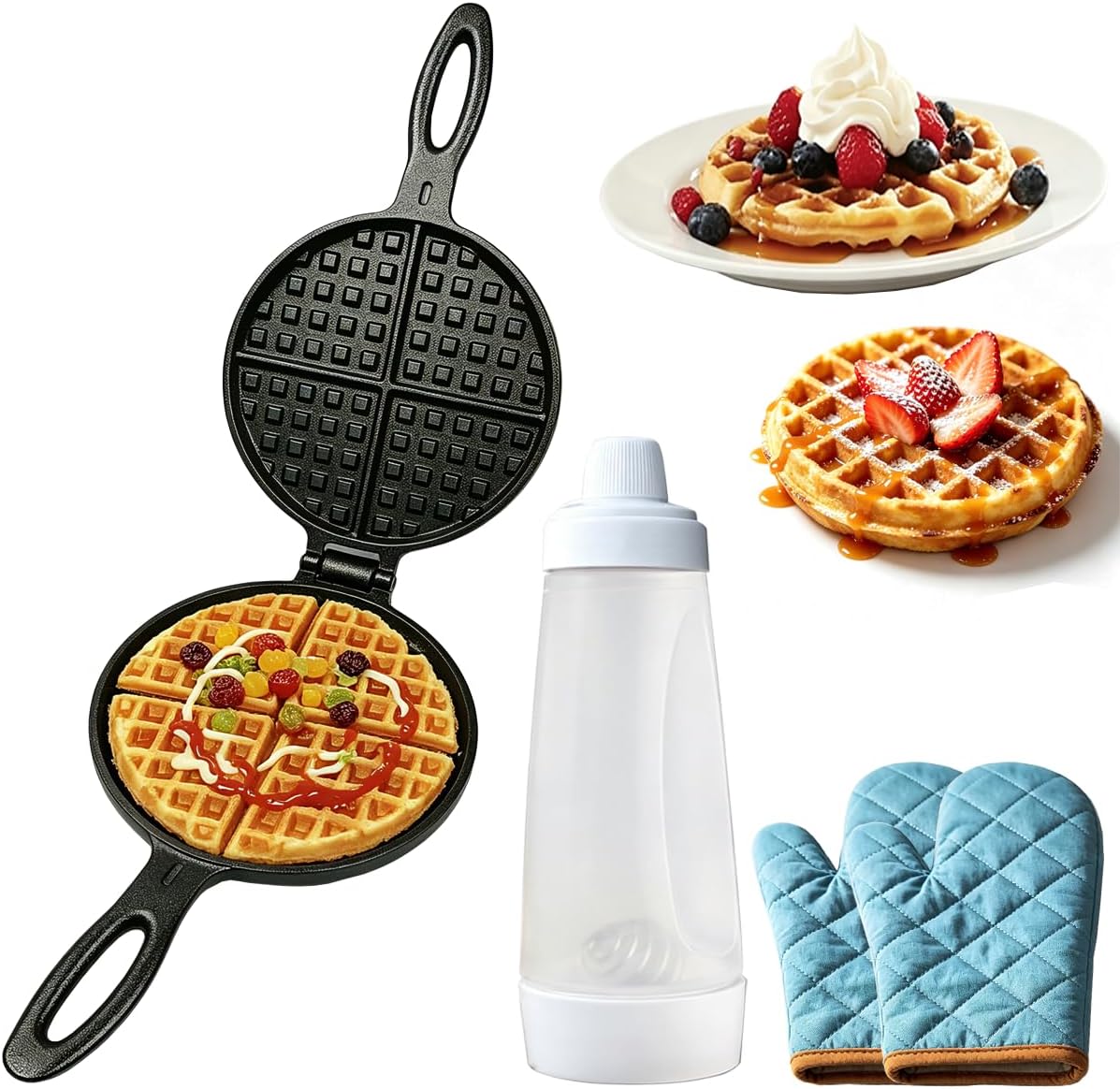 Cast Iron Waffle Maker,Non Electric Stovetop,7 Inch | Detachable plates separate fully for effortless cleanup; complete set includes 1L batter dispenser & heat-resistant gloves