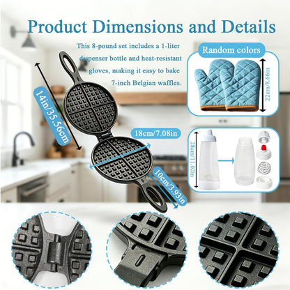 Cast Iron Waffle Maker,Non Electric Stovetop,7 Inch | Detachable plates separate fully for effortless cleanup; complete set includes 1L batter dispenser & heat-resistant gloves