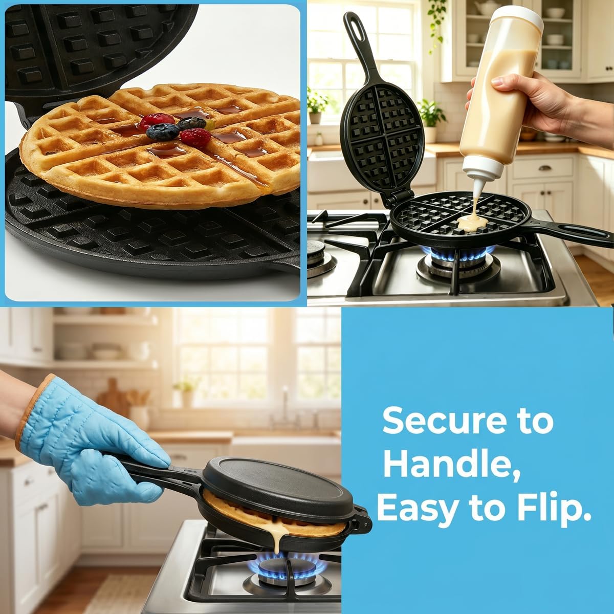 Cast Iron Waffle Maker,Non Electric Stovetop,7 Inch | Detachable plates separate fully for effortless cleanup; complete set includes 1L batter dispenser & heat-resistant gloves