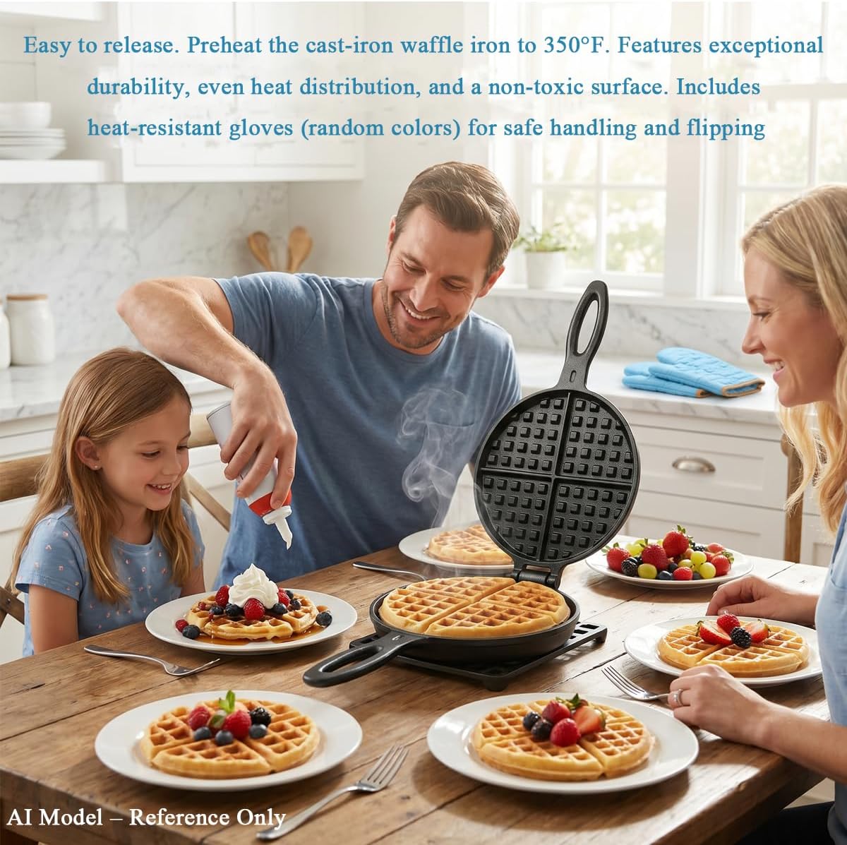Cast Iron Waffle Maker,Non Electric Stovetop,7 Inch | Detachable plates separate fully for effortless cleanup; complete set includes 1L batter dispenser & heat-resistant gloves