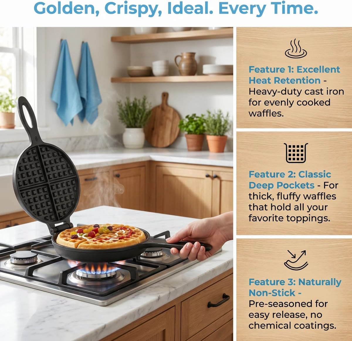 Cast Iron Waffle Maker,Non Electric Stovetop,7 Inch | Detachable plates separate fully for effortless cleanup; complete set includes 1L batter dispenser & heat-resistant gloves