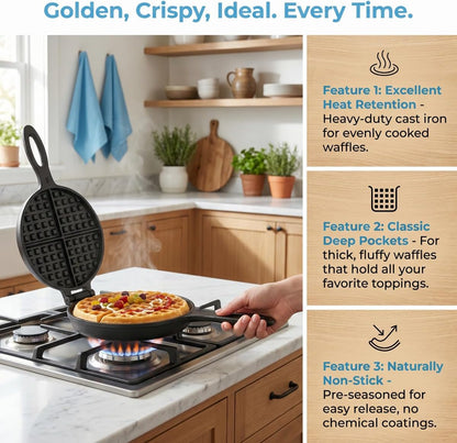 Cast Iron Waffle Maker,Non Electric Stovetop,7 Inch | Detachable plates separate fully for effortless cleanup; complete set includes 1L batter dispenser & heat-resistant gloves