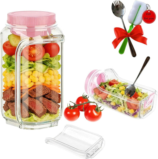 Salad Pod Mason Jar Side Open For Office, Travel, Gym & Picnic With Dressing Cup & Lid - Leak Proof Salad Container For Lunch - Safe, User-Friendly & Easy Clean Salad Jar With Side Opening ( Pink )