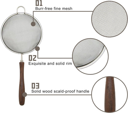 3Pcs Stainless Steel Silver Walnut Long Handle Mesh Strainer Set