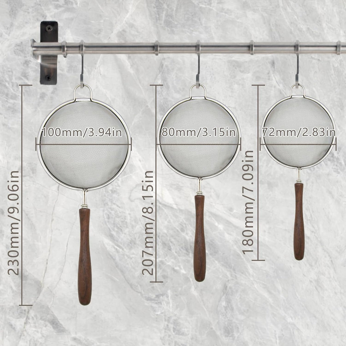 3Pcs Stainless Steel Silver Walnut Long Handle Mesh Strainer Set