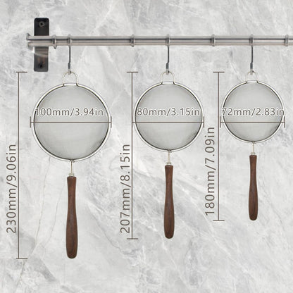 3Pcs Stainless Steel Silver Walnut Long Handle Mesh Strainer Set